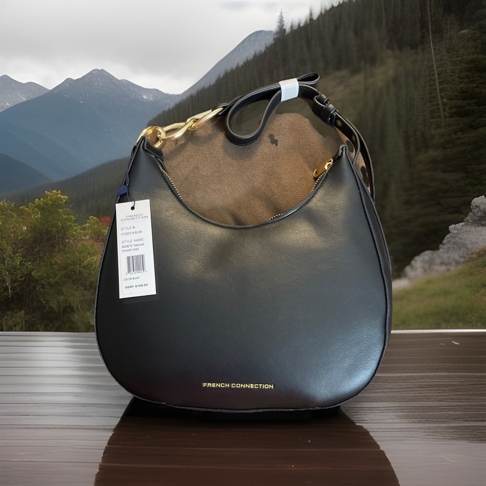 NWT French Connection Moritz Hobo Bag Womens‎ Black Textured Zip Purse Shoulder